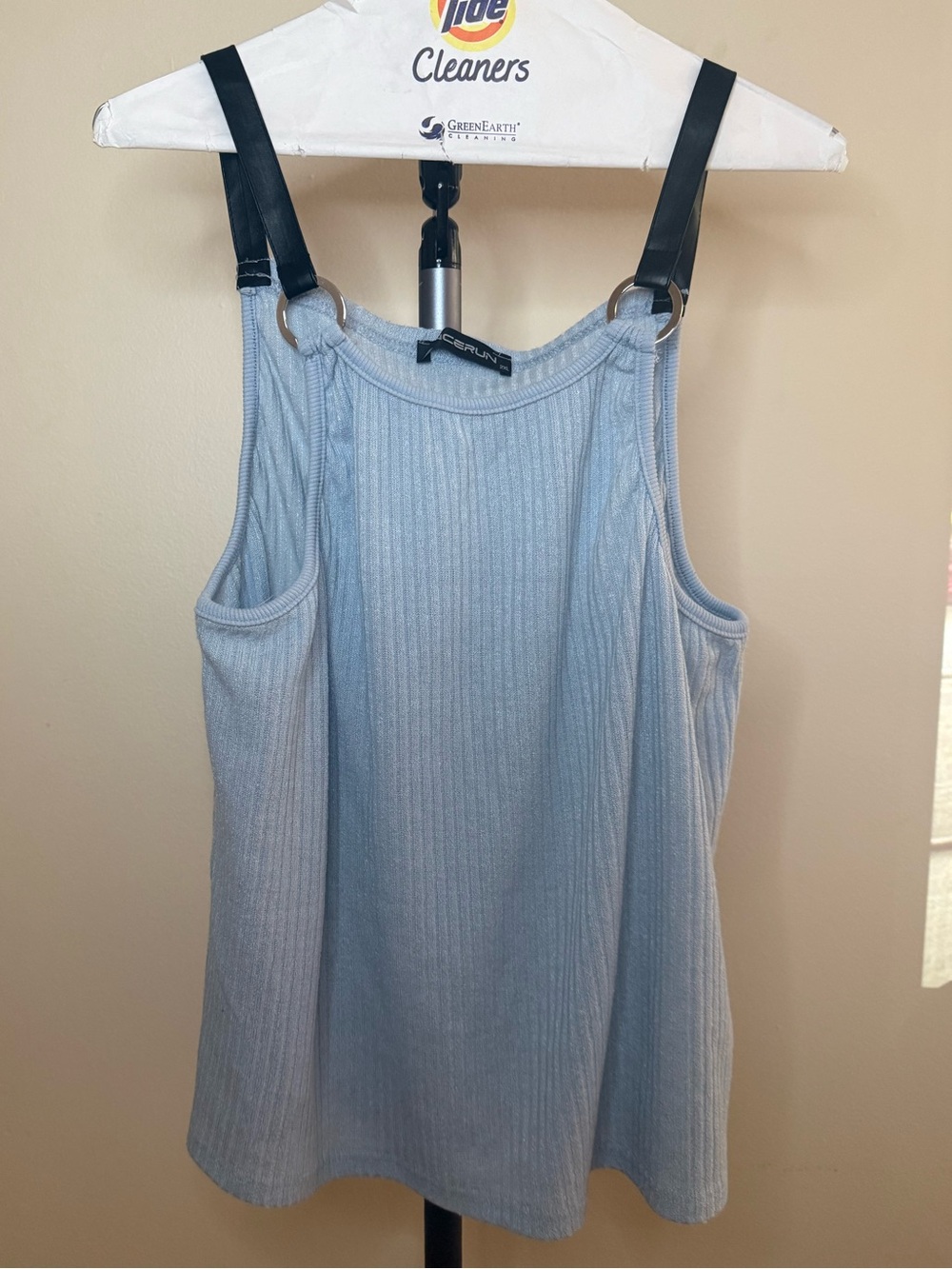 CeCe Light Blue Ribbed Ring-Detail Tank Top